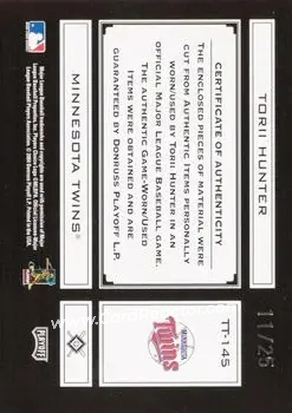 2004 Playoff Absolute Memorabilia - Tools of the Trade Material Combo PS #TT-145 - Torii Hunter - Minnesota Twins - Back