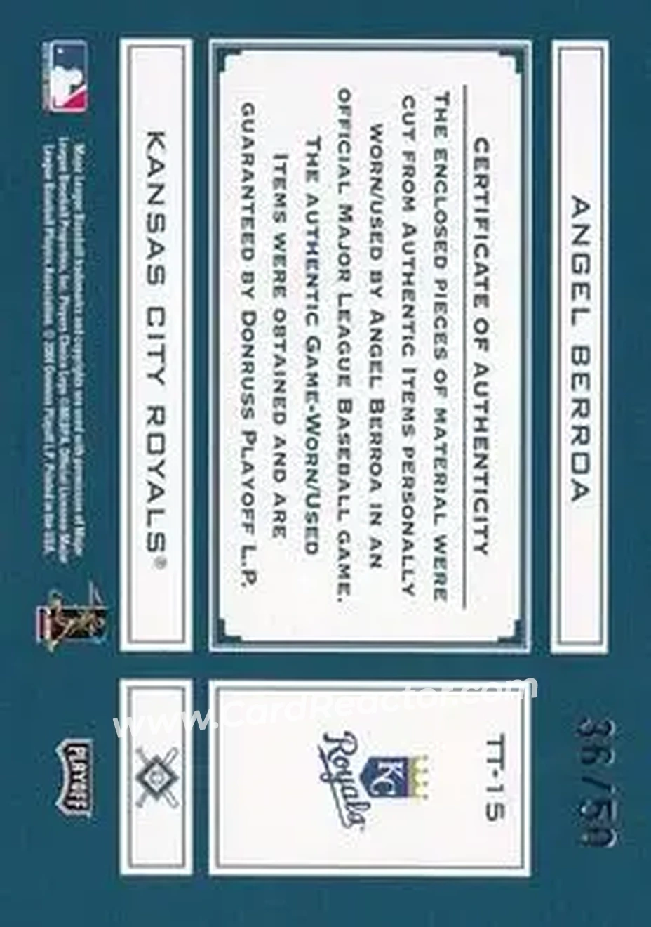 2004 Playoff Absolute Memorabilia - Tools of the Trade Material Quad #TT-15 - Angel Berroa - Kansas City Royals - Back