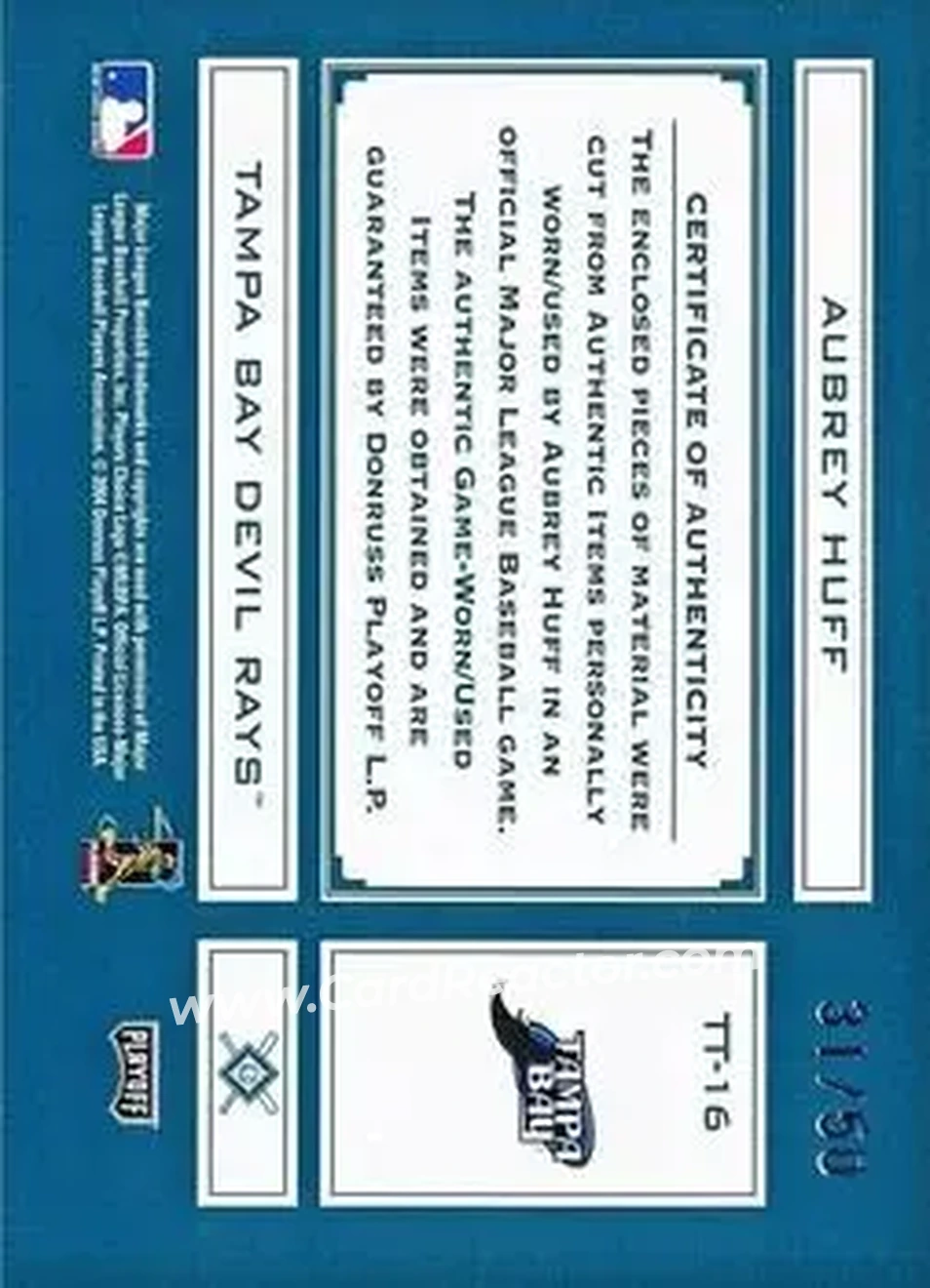 2004 Playoff Absolute Memorabilia - Tools of the Trade Material Quad #TT-16 - Aubrey Huff - Tampa Bay Devil Rays - Back