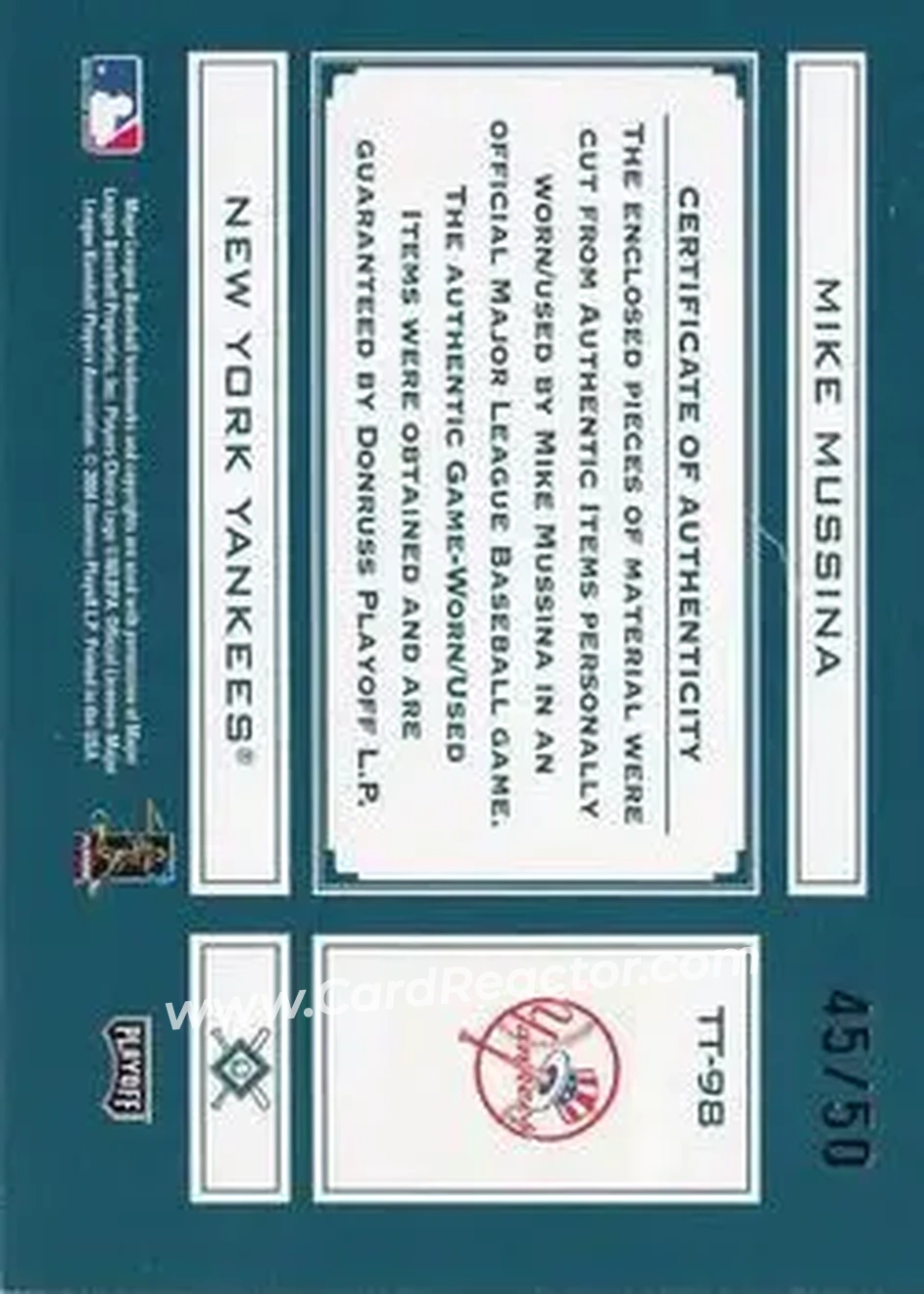 2004 Playoff Absolute Memorabilia - Tools of the Trade Material Quad #TT-98 - Mike Mussina - New York Yankees - Back