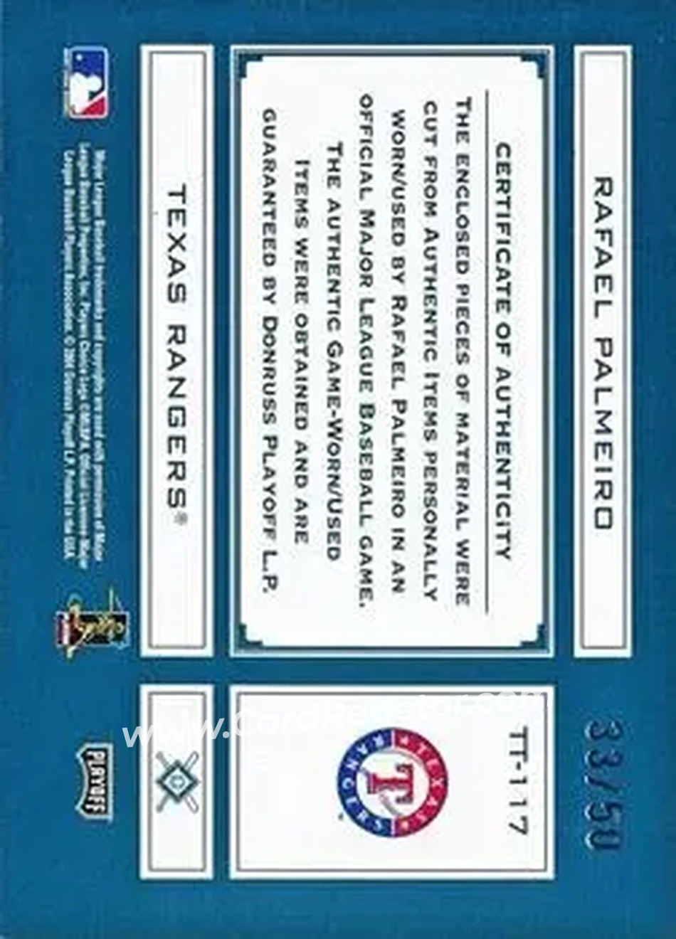 2004 Playoff Absolute Memorabilia - Tools of the Trade Material Quad #TT-117 - Rafael Palmeiro - Texas Rangers - Back