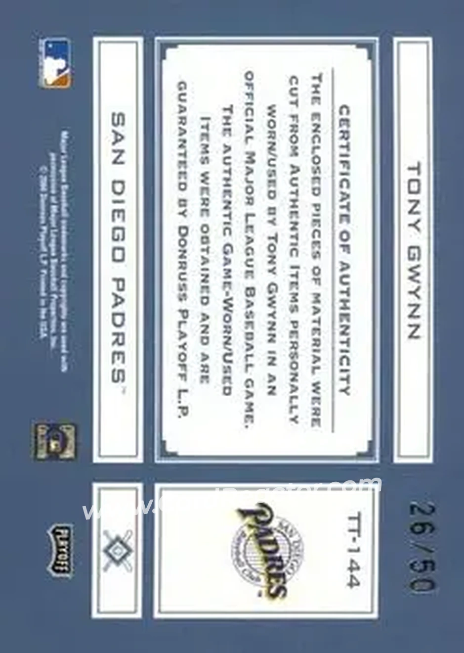 2004 Playoff Absolute Memorabilia - Tools of the Trade Material Quad #TT-144 - Tony Gwynn - San Diego Padres - Back