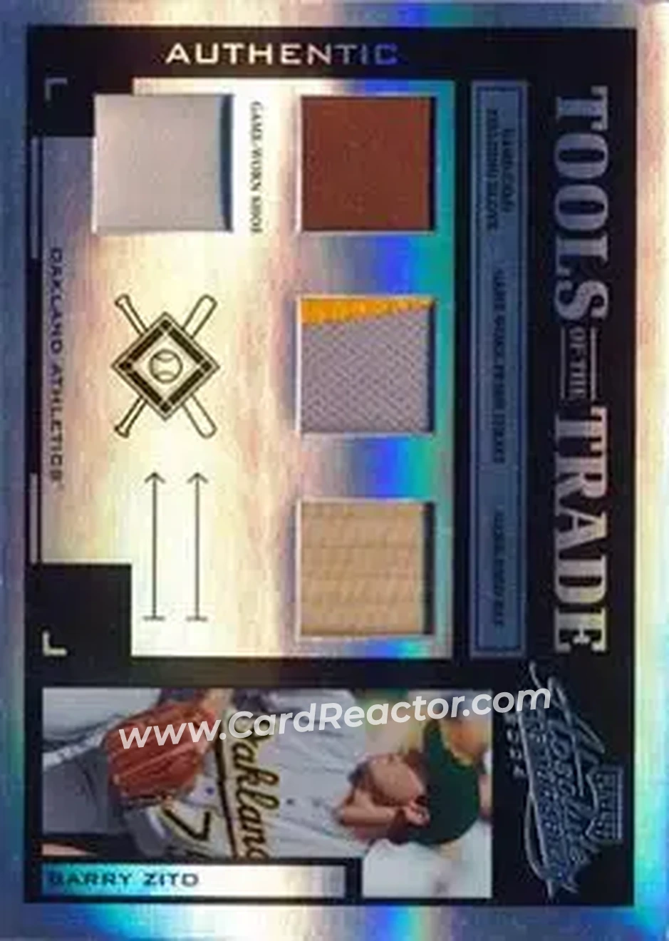2004 Playoff Absolute Memorabilia - Tools of the Trade Material Quad PS #TT-19 - Barry Zito - Oakland Athletics - Front 2004 Playoff Absolute Memorabilia - Tools of the Trade Material Quad PS #TT-19 - Barry Zito - Oakland Athletics - Front