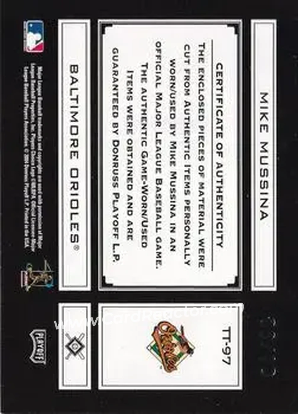 2004 Playoff Absolute Memorabilia - Tools of the Trade Material Quad PS #TT-97 - Mike Mussina - Baltimore Orioles - Back 2004 Playoff Absolute Memorabilia - Tools of the Trade Material Quad PS #TT-97 - Mike Mussina - Baltimore Orioles - Back