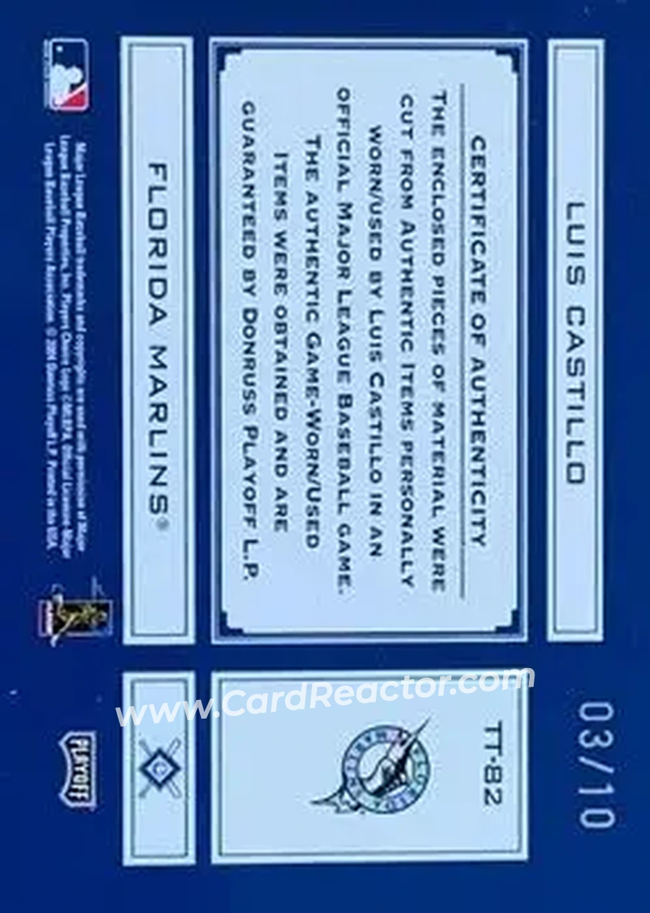 2004 Playoff Absolute Memorabilia - Tools of the Trade Material Signature Combo #TT-82 - Luis Castillo - Florida Marlins - Back