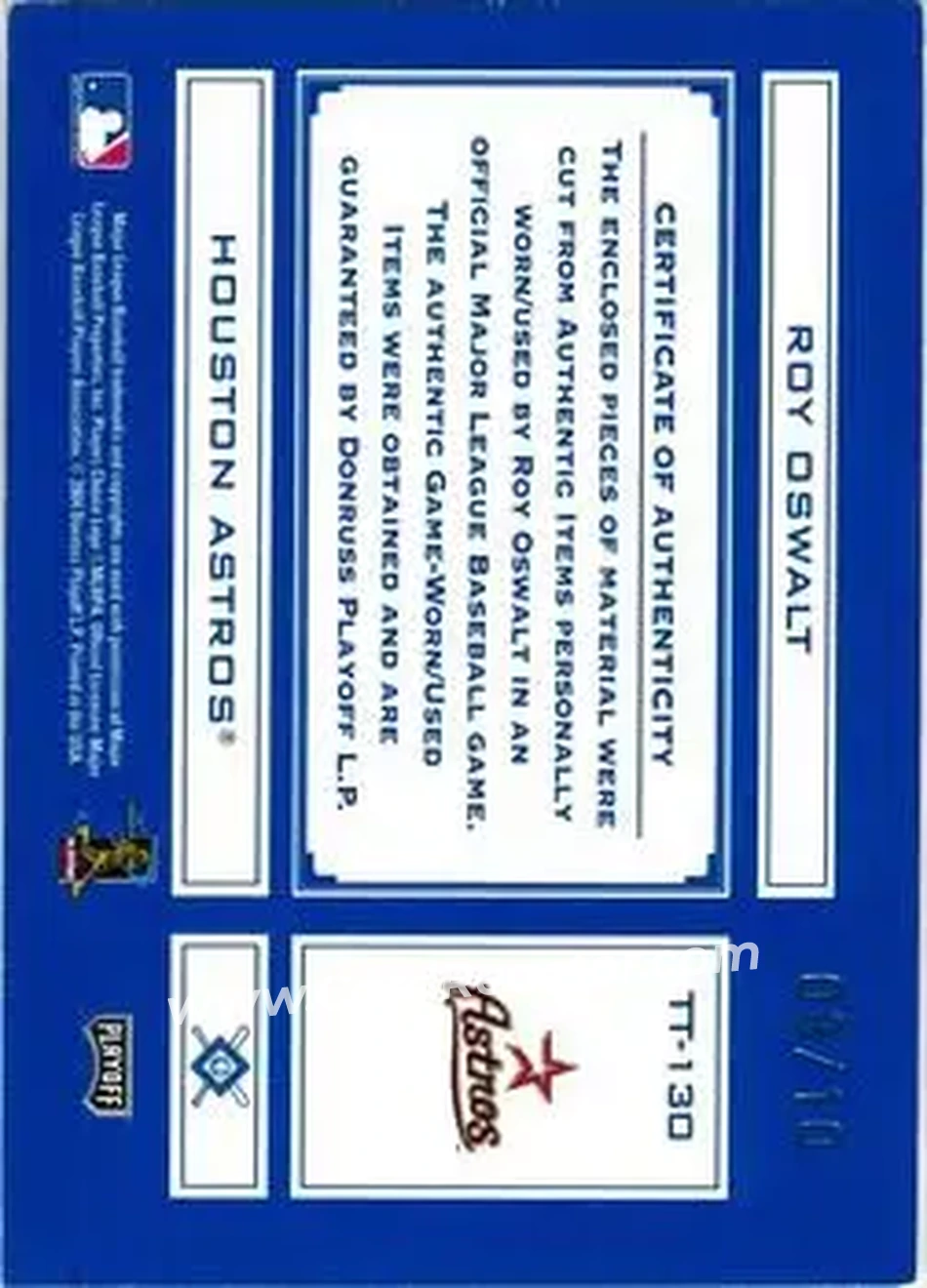 2004 Playoff Absolute Memorabilia - Tools of the Trade Material Signature Combo #TT-130 - Roy Oswalt - Houston Astros - Back