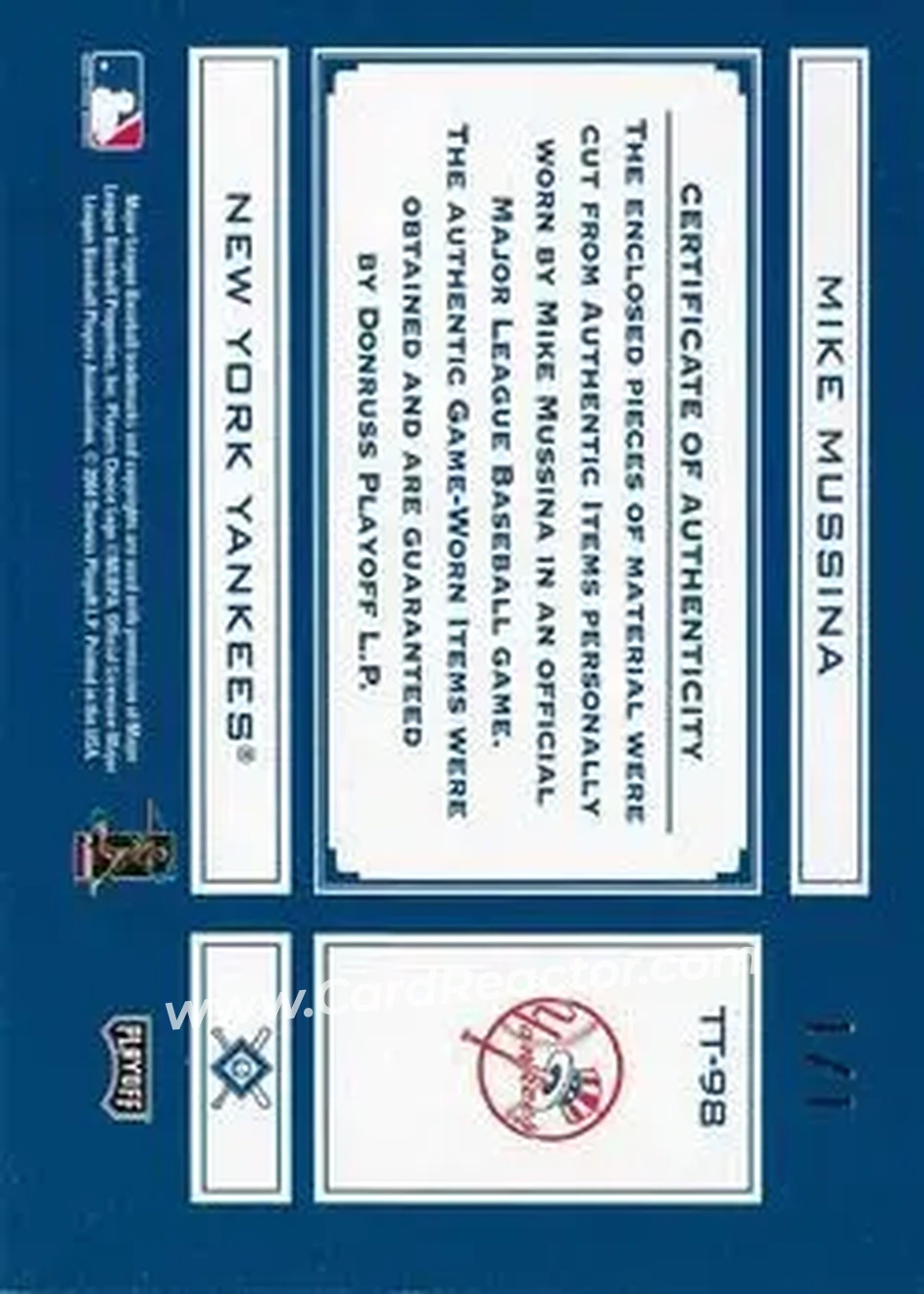 2004 Playoff Absolute Memorabilia - Tools of the Trade Material Signature Combo #TT-TT-98 - Mike Mussina - New York Yankees - Back