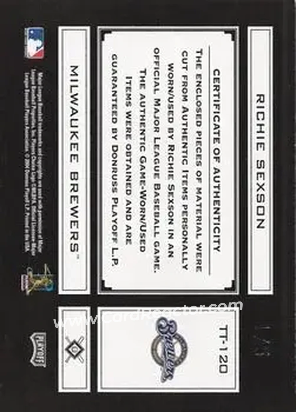 2004 Playoff Absolute Memorabilia - Tools of the Trade Material Signature Combo PS #TT-120 - Richie Sexson - Milwaukee Brewers - Back