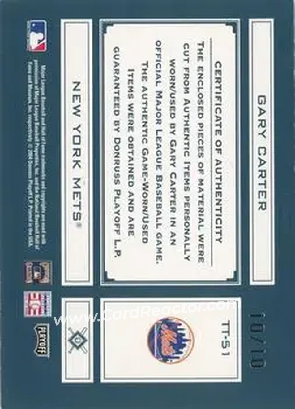 2004 Playoff Absolute Memorabilia - Tools of the Trade Material Signature Quad #TT-51 - Gary Carter - New York Mets - Back