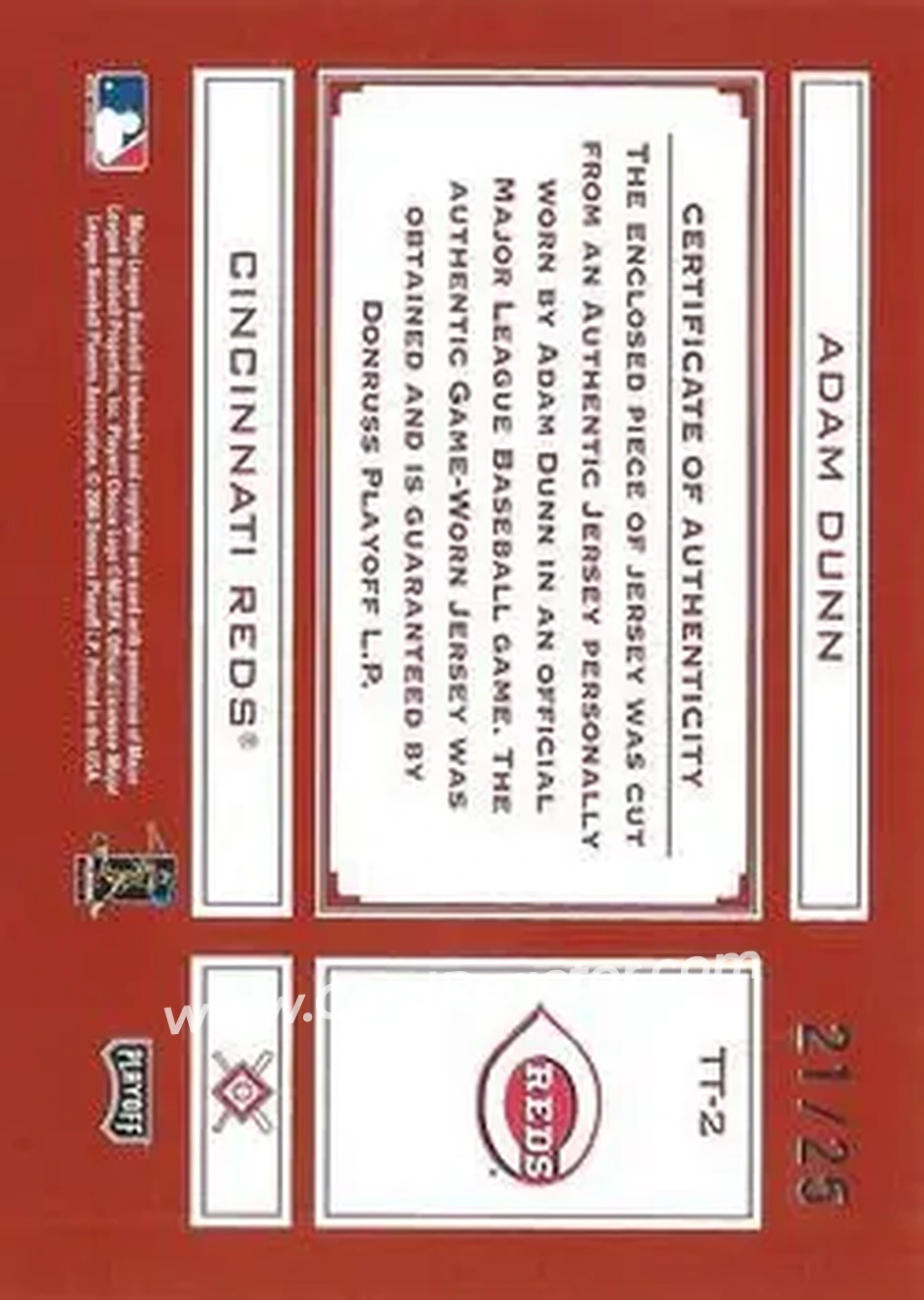 2004 Playoff Absolute Memorabilia - Tools of the Trade Material Signature Single #TT-2 - Adam Dunn - Cincinnati Reds - Back