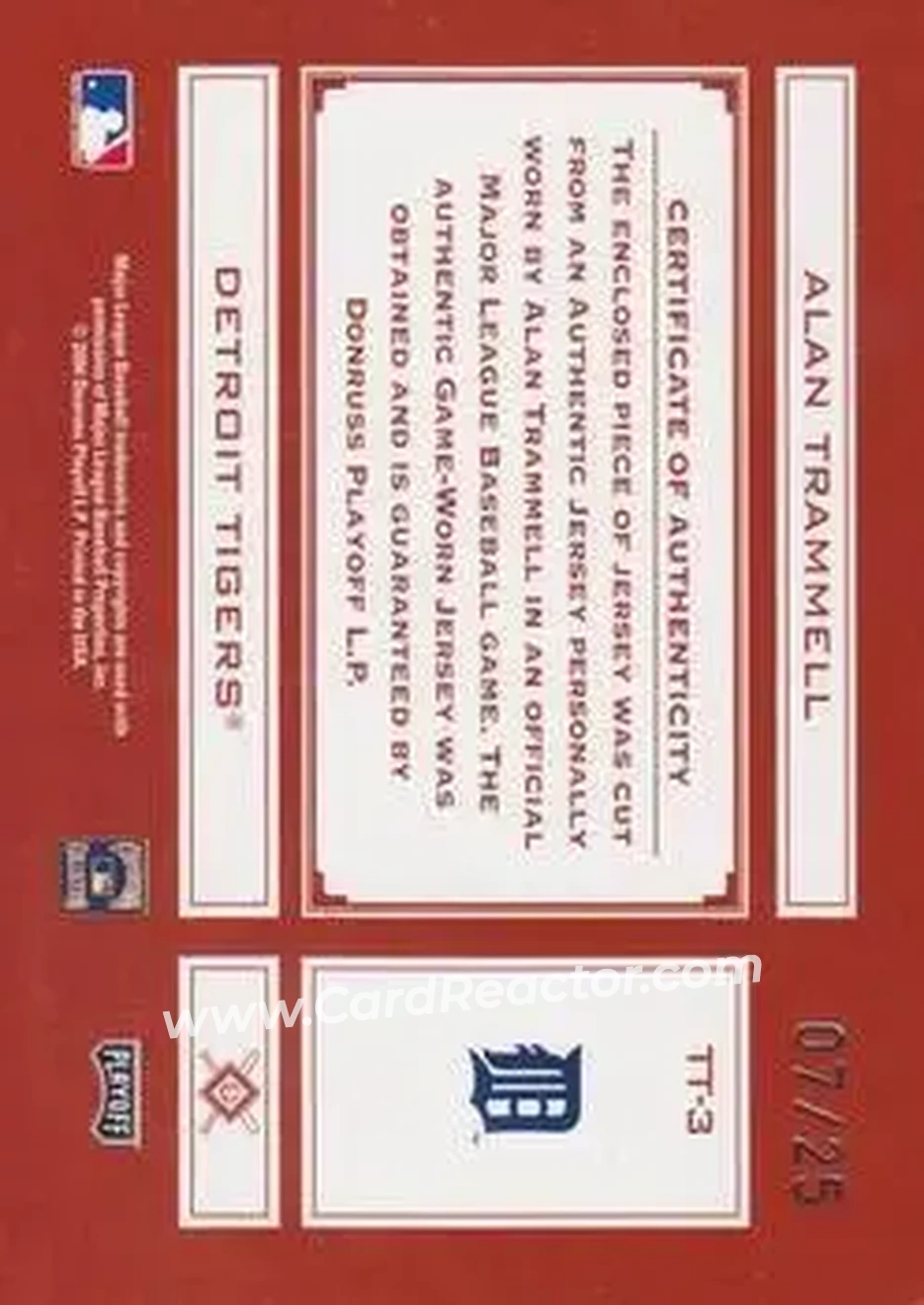 2004 Playoff Absolute Memorabilia - Tools of the Trade Material Signature Single #TT-3 - Alan Trammell - Detroit Tigers - Back