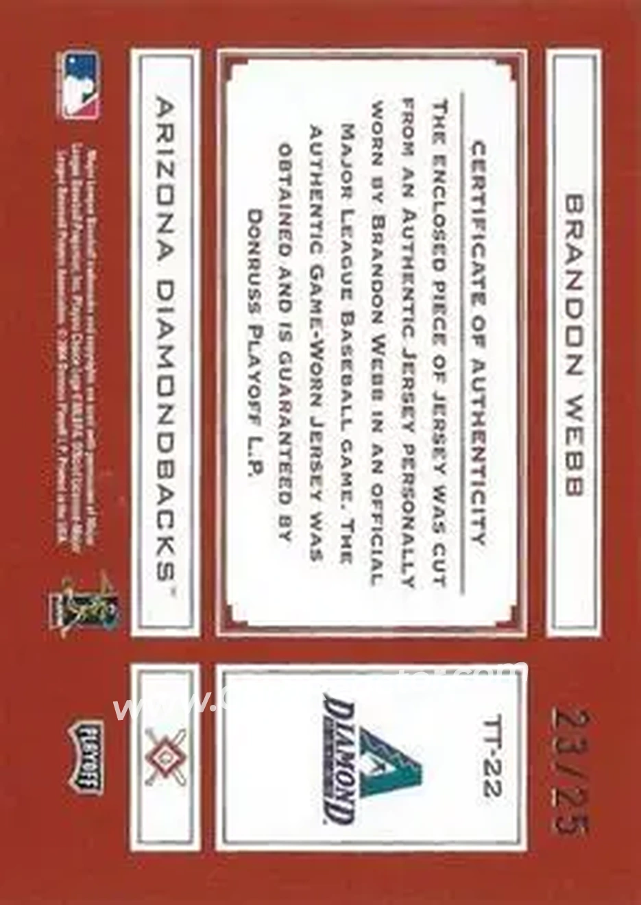 2004 Playoff Absolute Memorabilia - Tools of the Trade Material Signature Single #TT-22 - Brandon Webb - Arizona Diamondbacks - Back