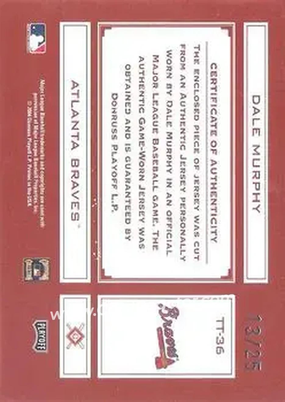 2004 Playoff Absolute Memorabilia - Tools of the Trade Material Signature Single #TT-36 - Dale Murphy - Atlanta Braves - Back