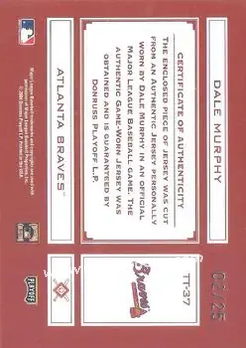 2004 Playoff Absolute Memorabilia - Tools of the Trade Material Signature Single #TT-37 - Dale Murphy - Atlanta Braves - Back