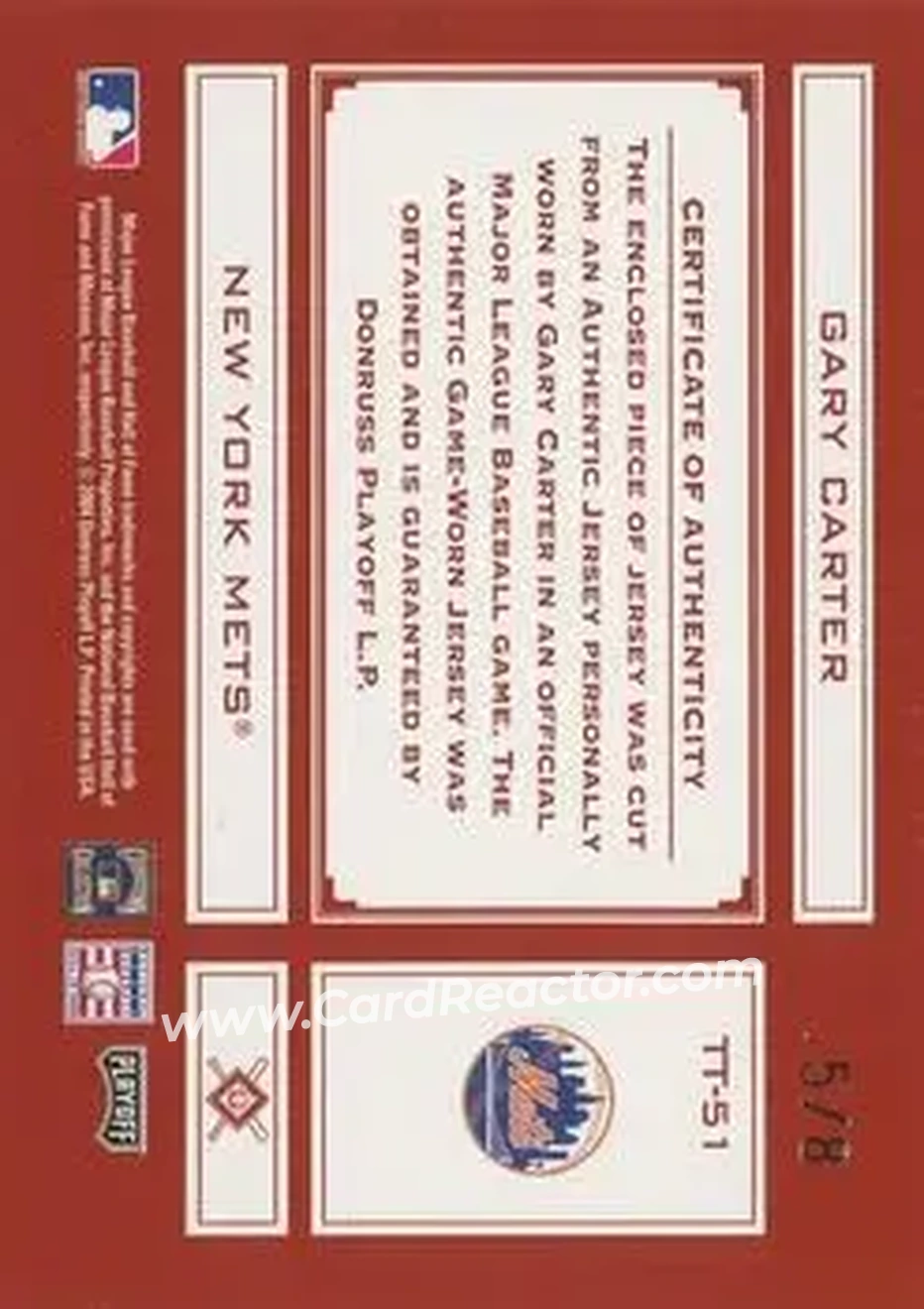 2004 Playoff Absolute Memorabilia - Tools of the Trade Material Signature Single #TT-51 - Gary Carter - New York Mets - Back