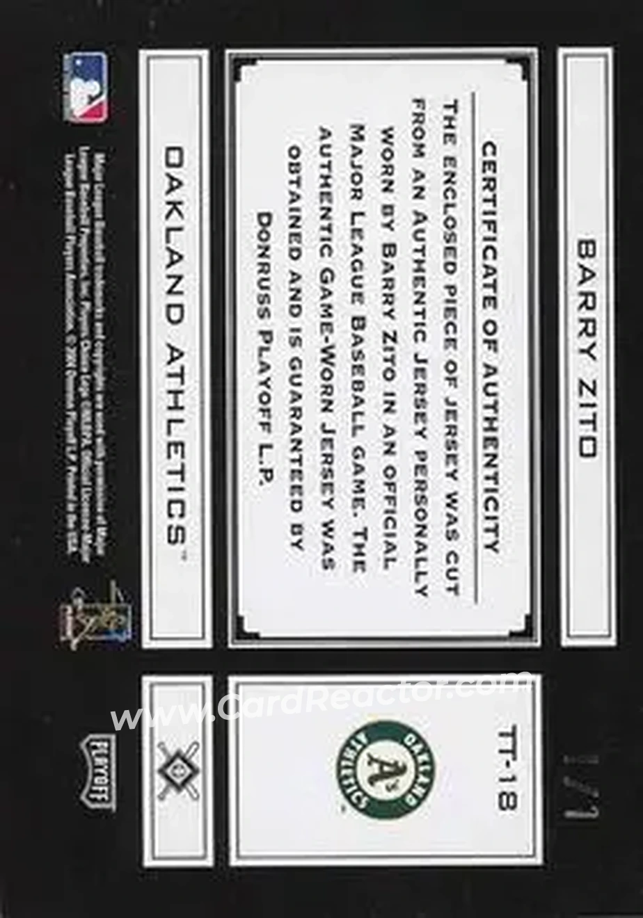 2004 Playoff Absolute Memorabilia - Tools of the Trade Material Signature Single PS #TT-18 - Barry Zito - Oakland Athletics - Back