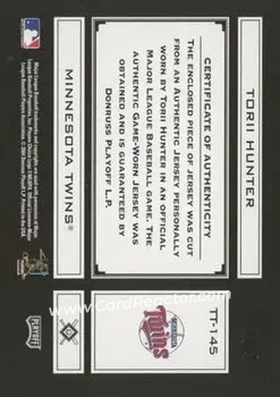 2004 Playoff Absolute Memorabilia - Tools of the Trade Material Signature Single PS #TT-145 - Torii Hunter - Minnesota Twins - Back