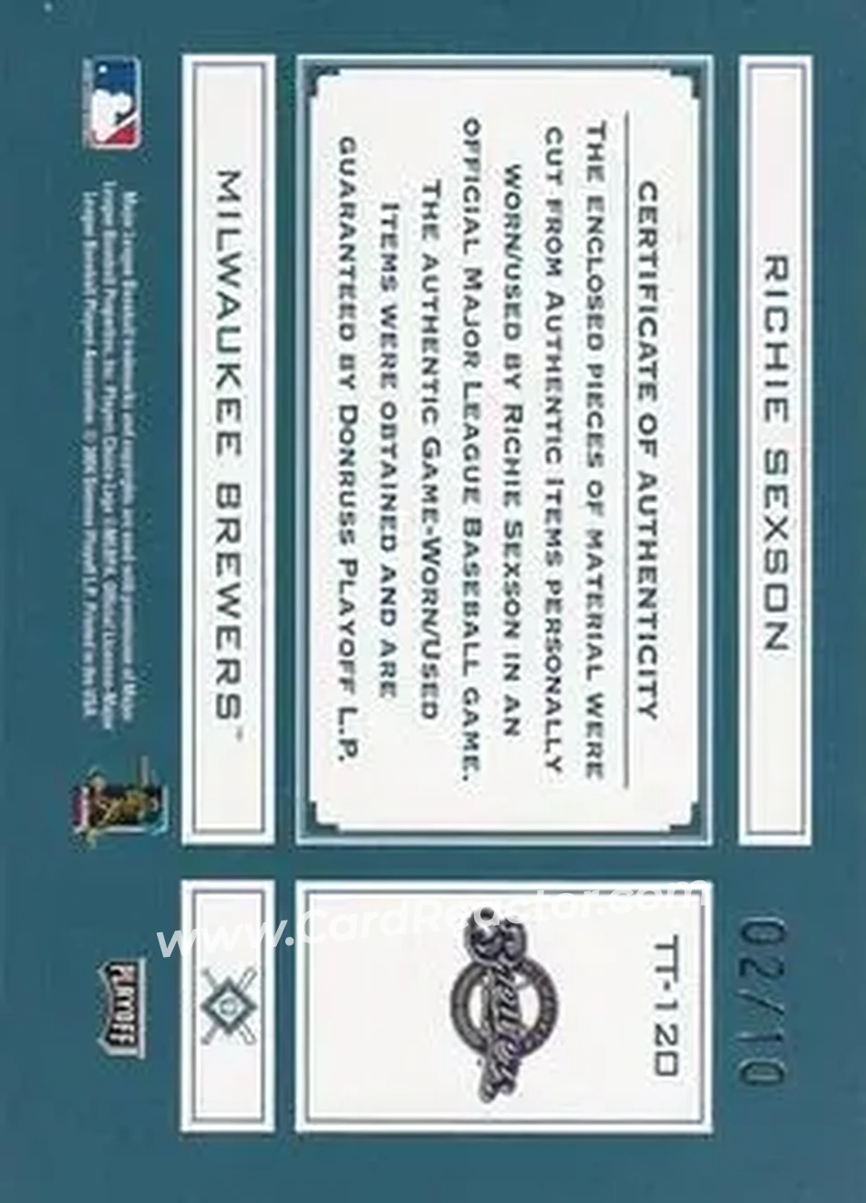 2004 Playoff Absolute Memorabilia - Tools of the Trade Material Signature Trio #TT-120 - Richie Sexson - Milwaukee Brewers - Back