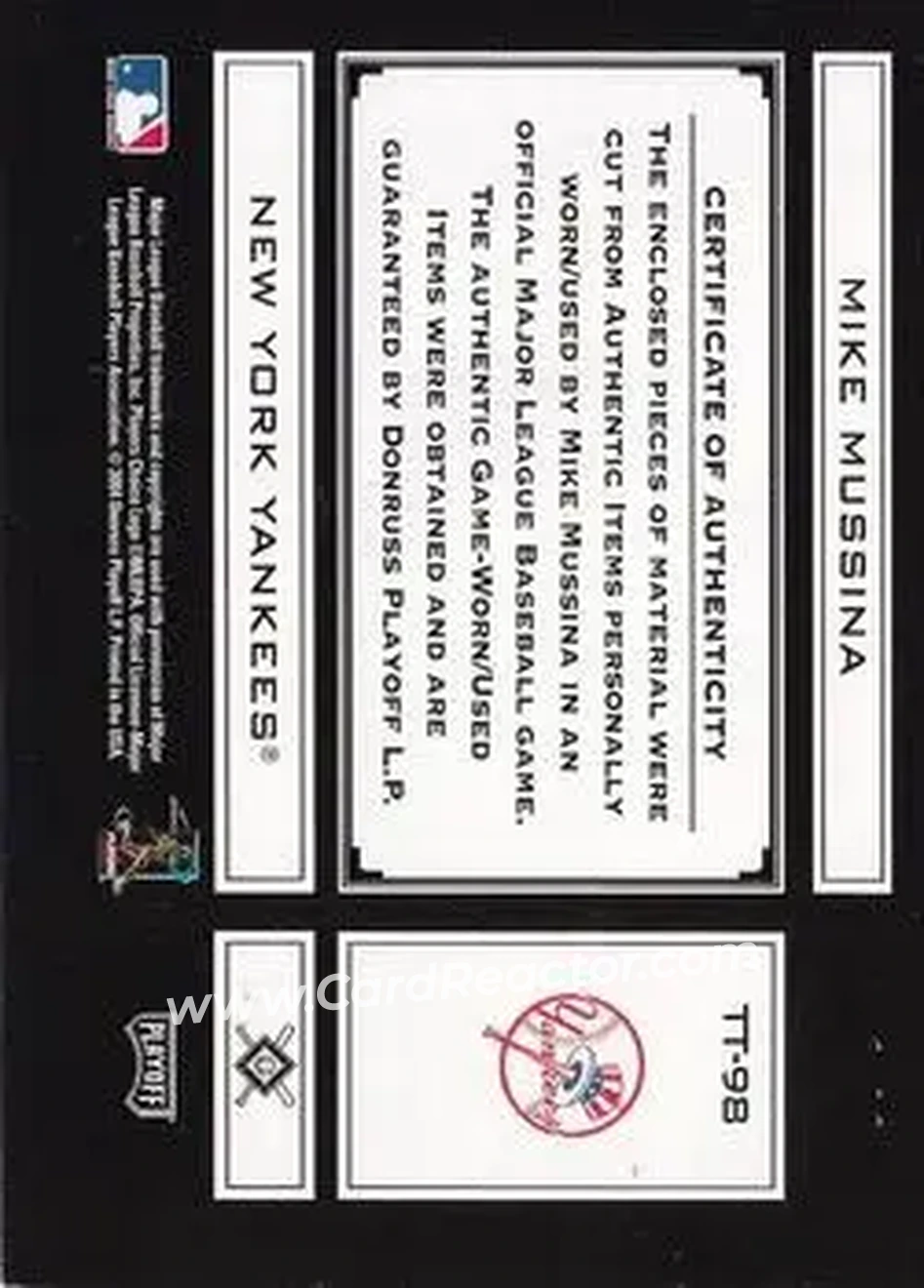 2004 Playoff Absolute Memorabilia - Tools of the Trade Material Signature Trio PS #TT-98 - Mike Mussina - New York Yankees - Back