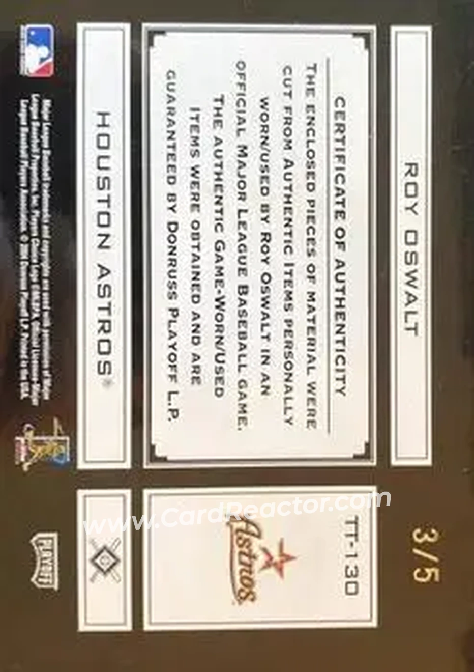 2004 Playoff Absolute Memorabilia - Tools of the Trade Material Signature Trio PS #TT-130 - Roy Oswalt - Houston Astros - Back