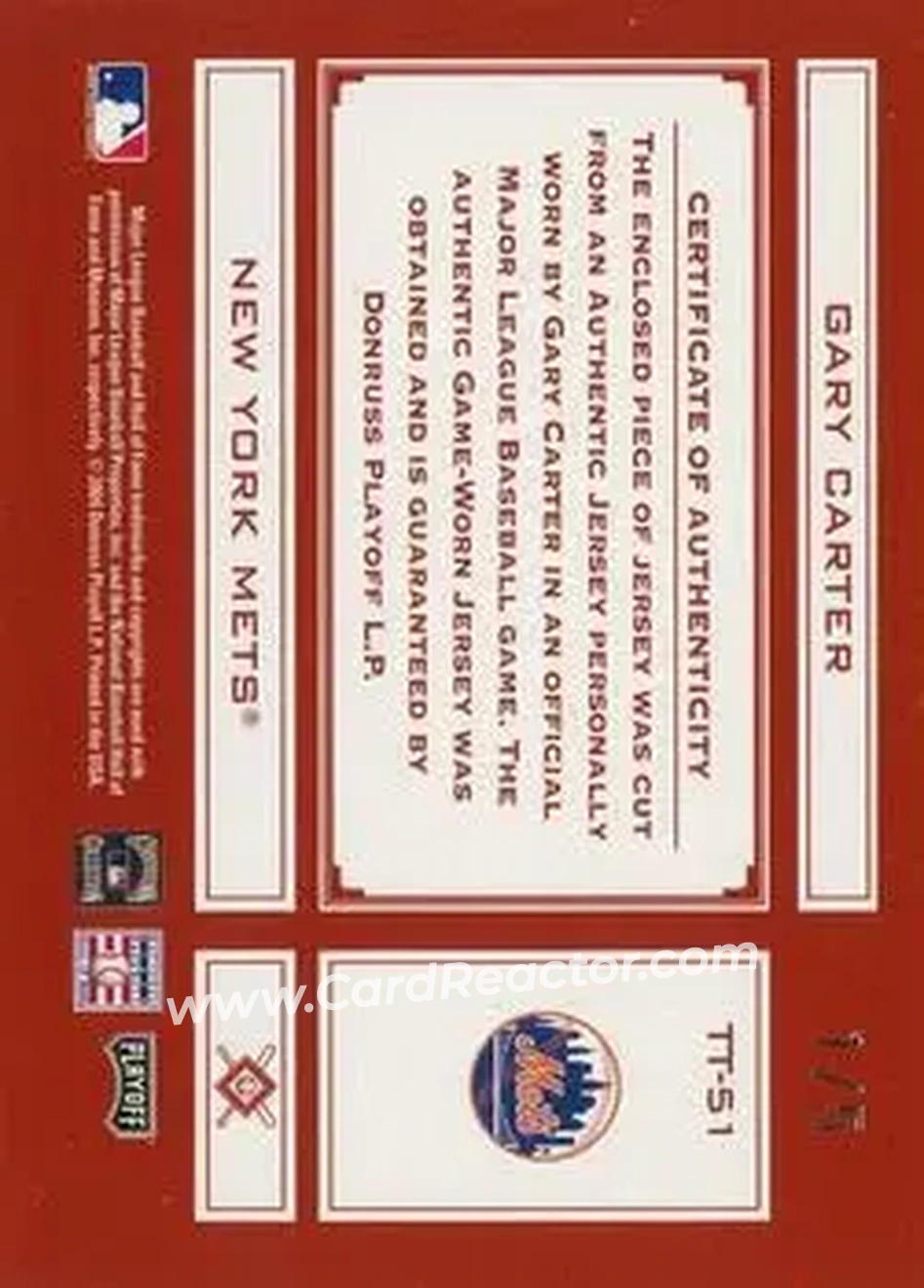 2004 Playoff Absolute Memorabilia - Tools of the Trade Material Single Jumbo #TT-51 - Gary Carter - New York Mets - Back