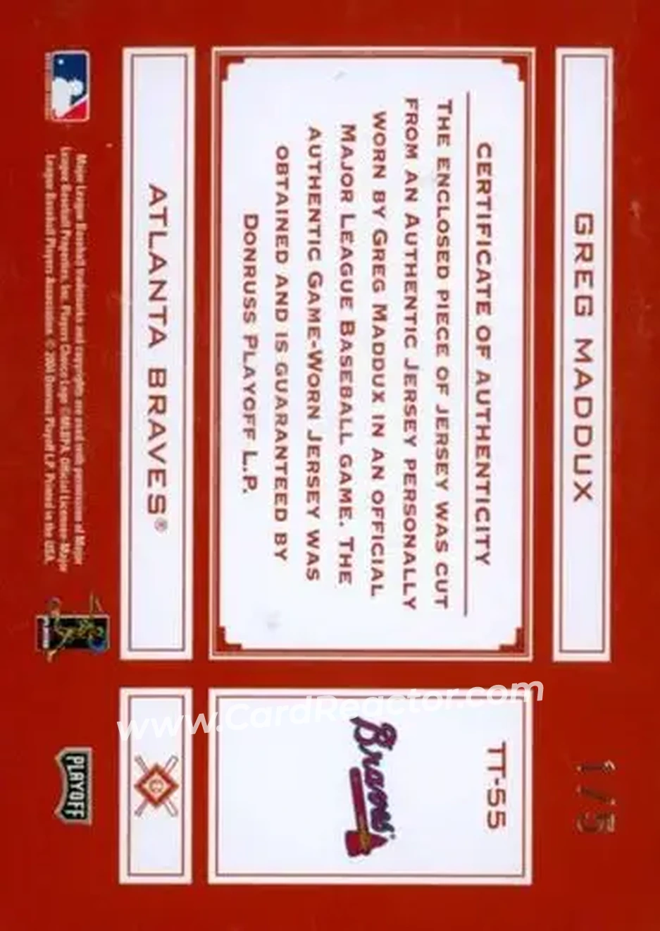 2004 Playoff Absolute Memorabilia - Tools of the Trade Material Single Jumbo #TT-55 - Greg Maddux - Atlanta Braves - Back