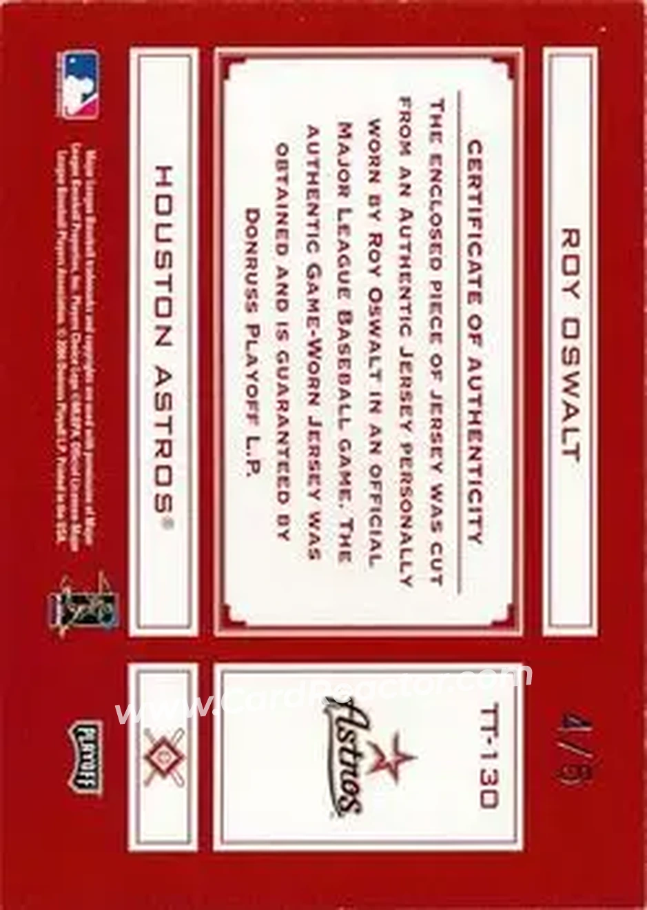 2004 Playoff Absolute Memorabilia - Tools of the Trade Material Single Jumbo #TT-130 - Roy Oswalt - Houston Astros - Back