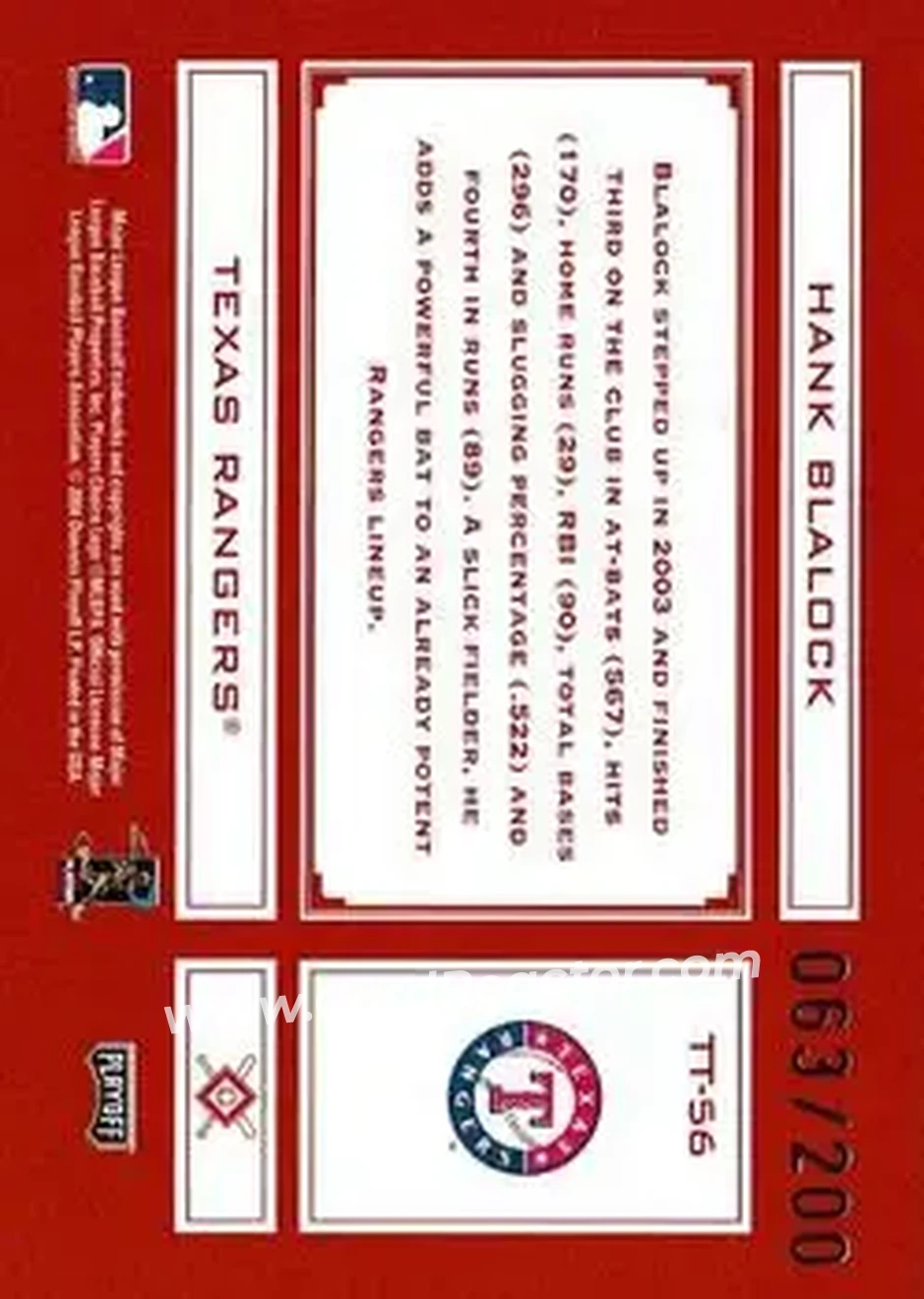 2004 Playoff Absolute Memorabilia - Tools of the Trade Red #TT-56 - Hank Blalock - Texas Rangers - Back