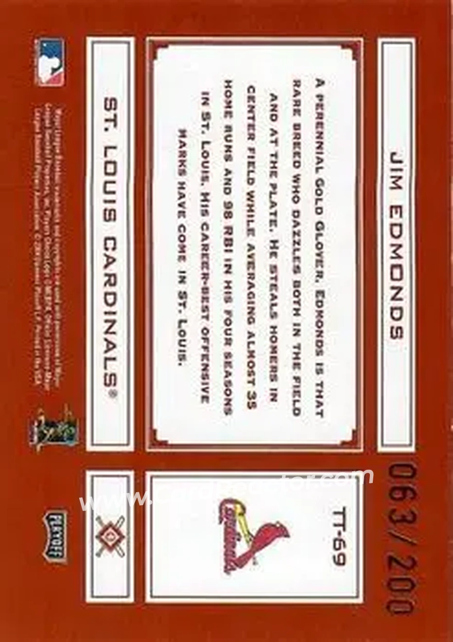 2004 Playoff Absolute Memorabilia - Tools of the Trade Red #TT-69 - Jim Edmonds - St. Louis Cardinals - Back