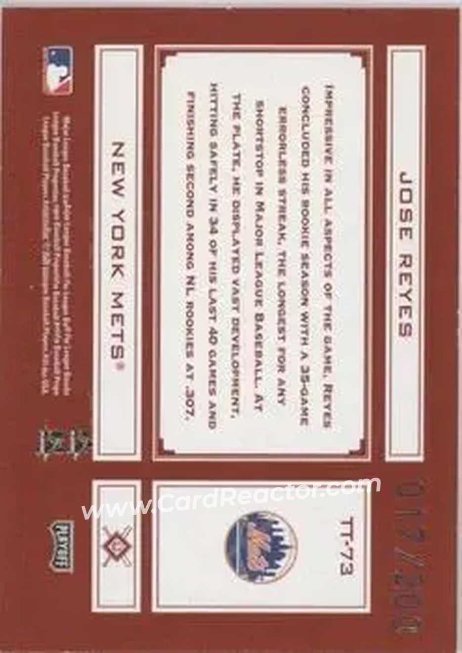2004 Playoff Absolute Memorabilia - Tools of the Trade Red #TT-73 - Jose Reyes - New York Mets - Back 2004 Playoff Absolute Memorabilia - Tools of the Trade Red #TT-73 - Jose Reyes - New York Mets - Back