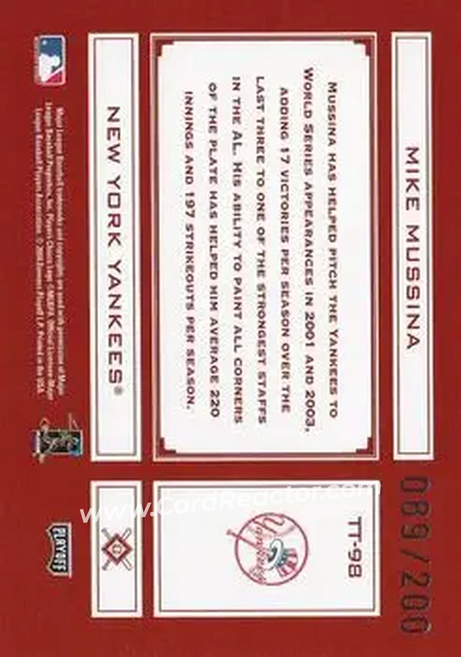 2004 Playoff Absolute Memorabilia - Tools of the Trade Red #TT-98 - Mike Mussina - New York Yankees - Back 2004 Playoff Absolute Memorabilia - Tools of the Trade Red #TT-98 - Mike Mussina - New York Yankees - Back