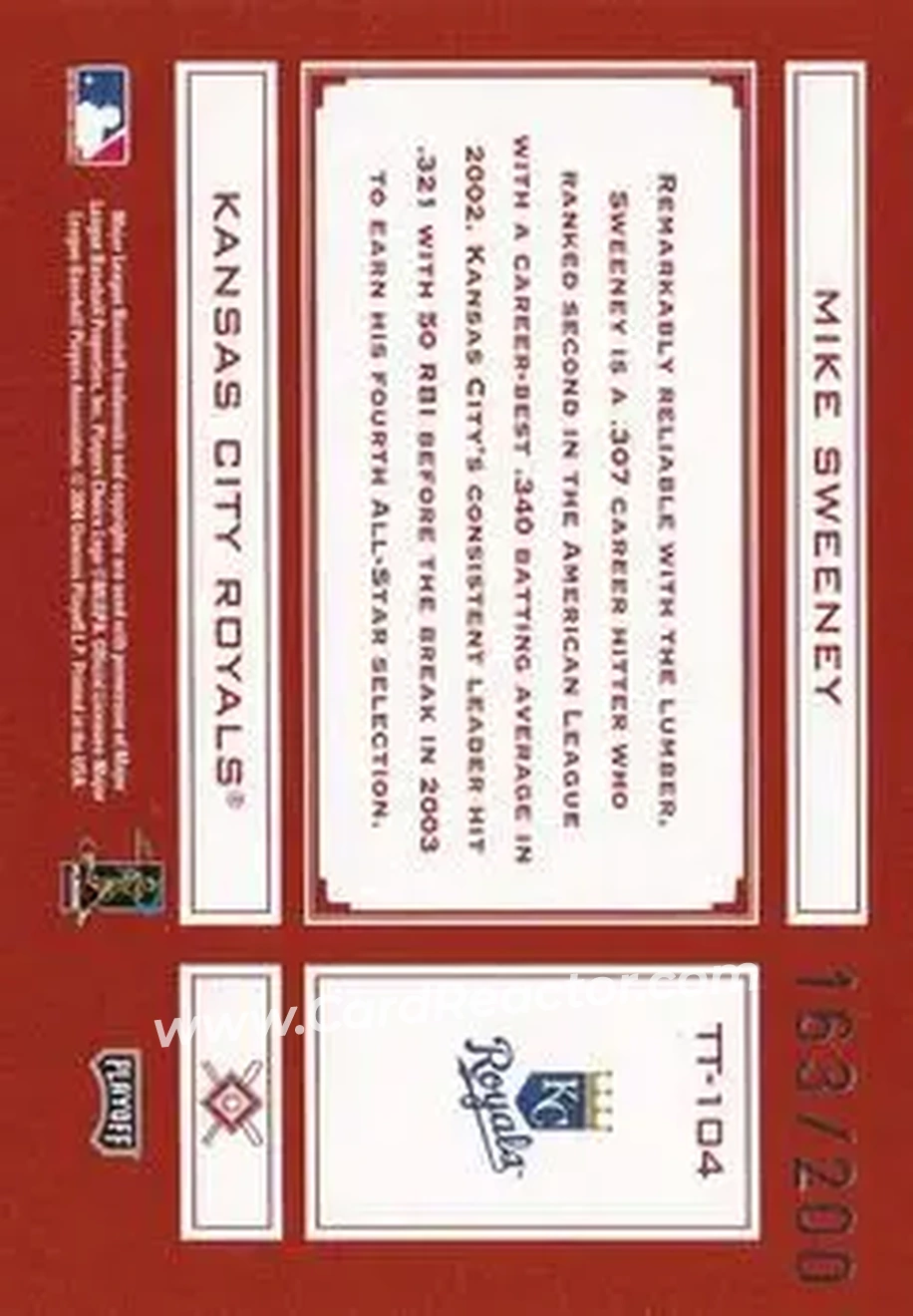 2004 Playoff Absolute Memorabilia - Tools of the Trade Red #TT-104 - Mike Sweeney - Kansas City Royals - Back 2004 Playoff Absolute Memorabilia - Tools of the Trade Red #TT-104 - Mike Sweeney - Kansas City Royals - Back