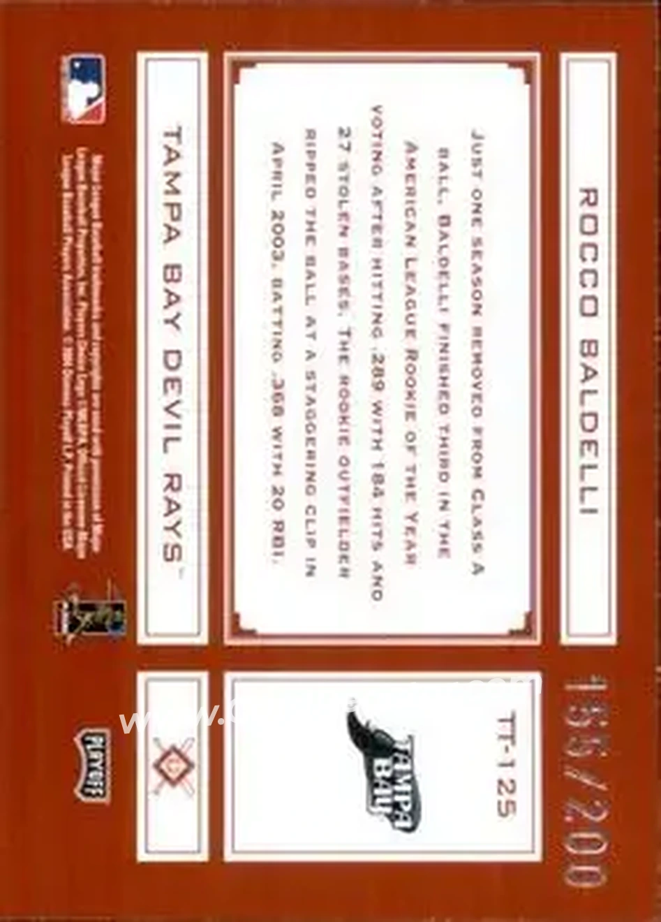 2004 Playoff Absolute Memorabilia - Tools of the Trade Red #TT-125 - Rocco Baldelli - Tampa Bay Devil Rays - Back