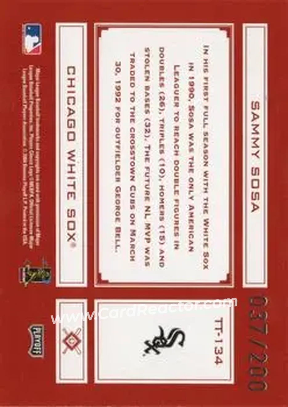 2004 Playoff Absolute Memorabilia - Tools of the Trade Red #TT-134 - Sammy Sosa - Chicago White Sox - Back