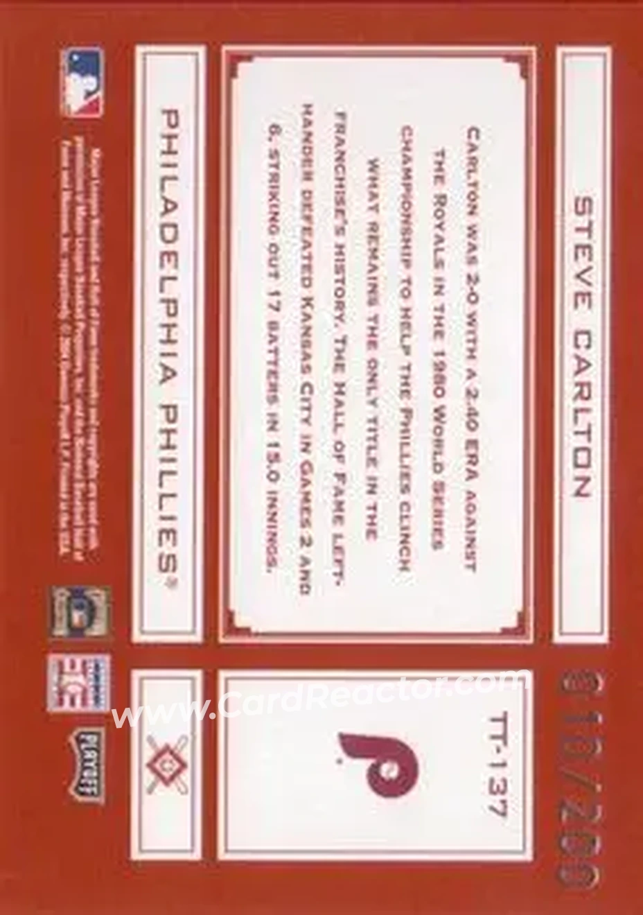 2004 Playoff Absolute Memorabilia - Tools of the Trade Red #TT-137 - Steve Carlton - Philadelphia Phillies - Back