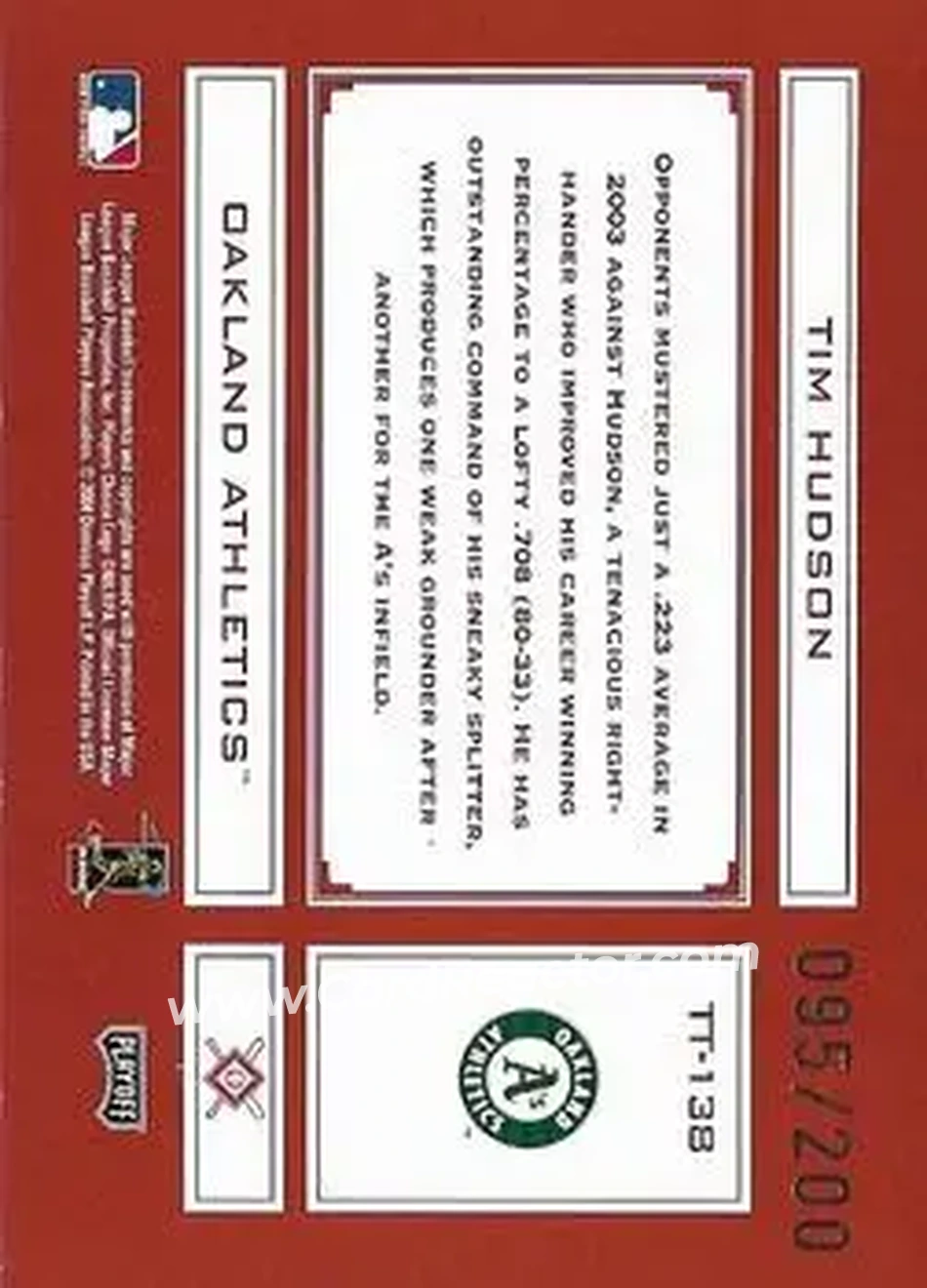 2004 Playoff Absolute Memorabilia - Tools of the Trade Red #TT-138 - Tim Hudson - Oakland Athletics - Back 2004 Playoff Absolute Memorabilia - Tools of the Trade Red #TT-138 - Tim Hudson - Oakland Athletics - Back