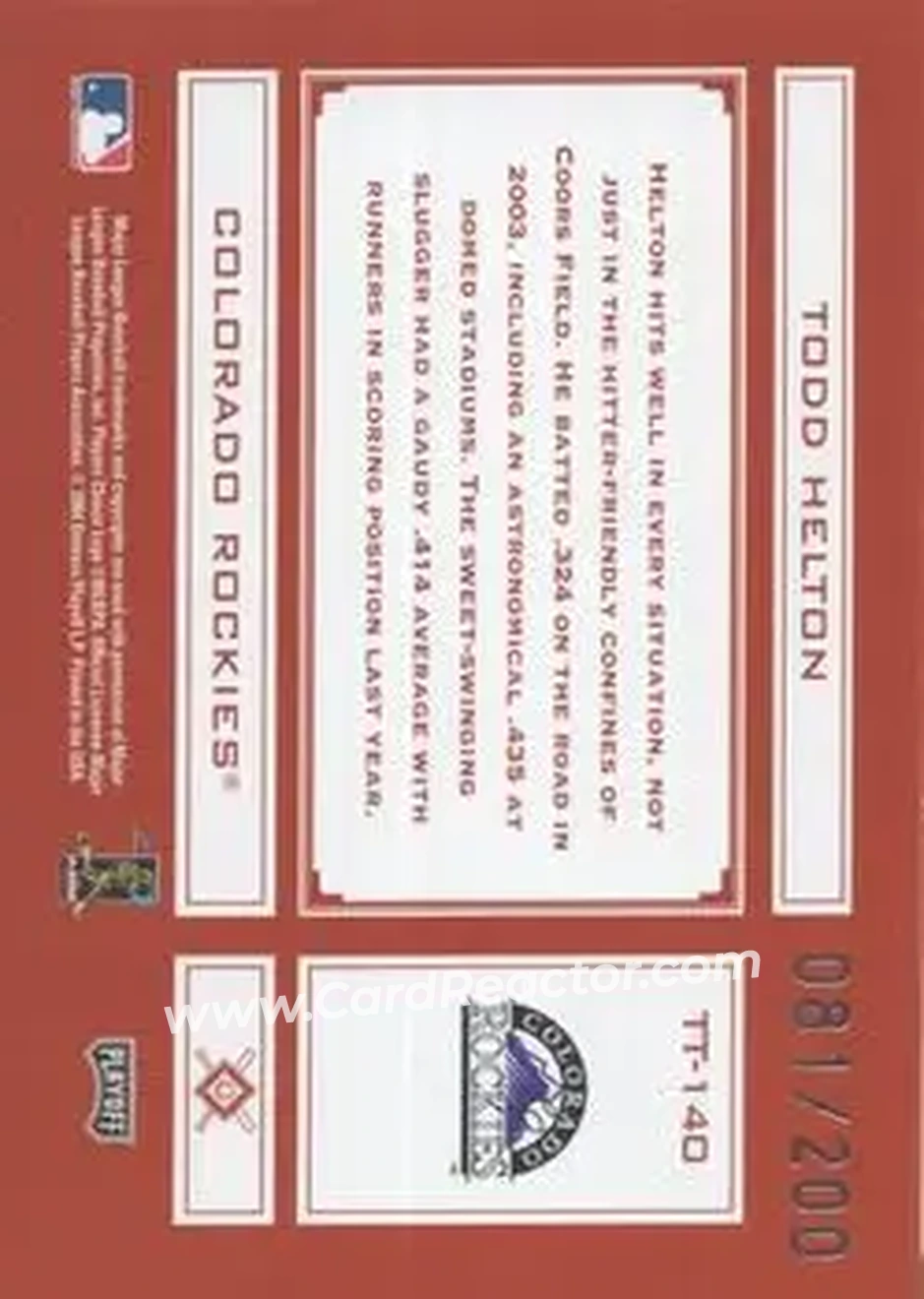 2004 Playoff Absolute Memorabilia - Tools of the Trade Red #TT-140 - Todd Helton - Colorado Rockies - Back