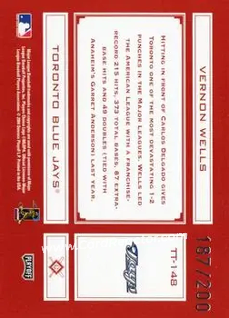 2004 Playoff Absolute Memorabilia - Tools of the Trade Red #TT-148 - Vernon Wells - Toronto Blue Jays - Back 2004 Playoff Absolute Memorabilia - Tools of the Trade Red #TT-148 - Vernon Wells - Toronto Blue Jays - Back