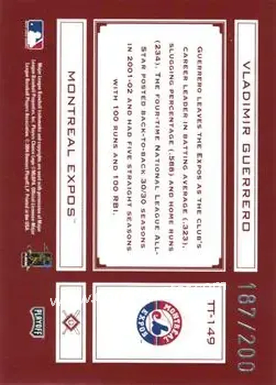 2004 Playoff Absolute Memorabilia - Tools of the Trade Red #TT-149 - Vladimir Guerrero - Montreal Expos - Back
