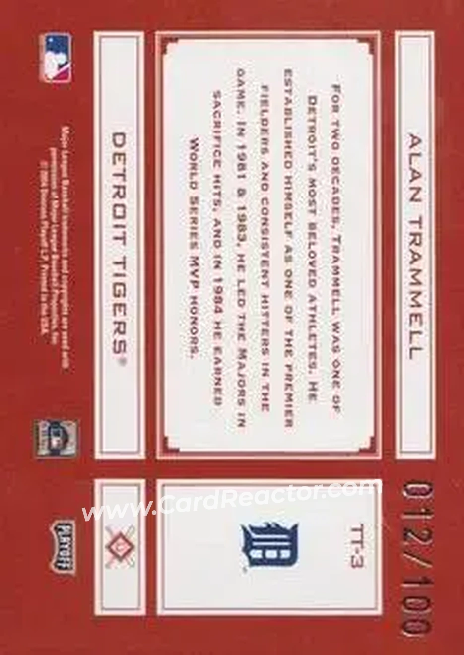 2004 Playoff Absolute Memorabilia - Tools of the Trade Red Spectrum #TT-3 - Alan Trammell - Detroit Tigers - Back
