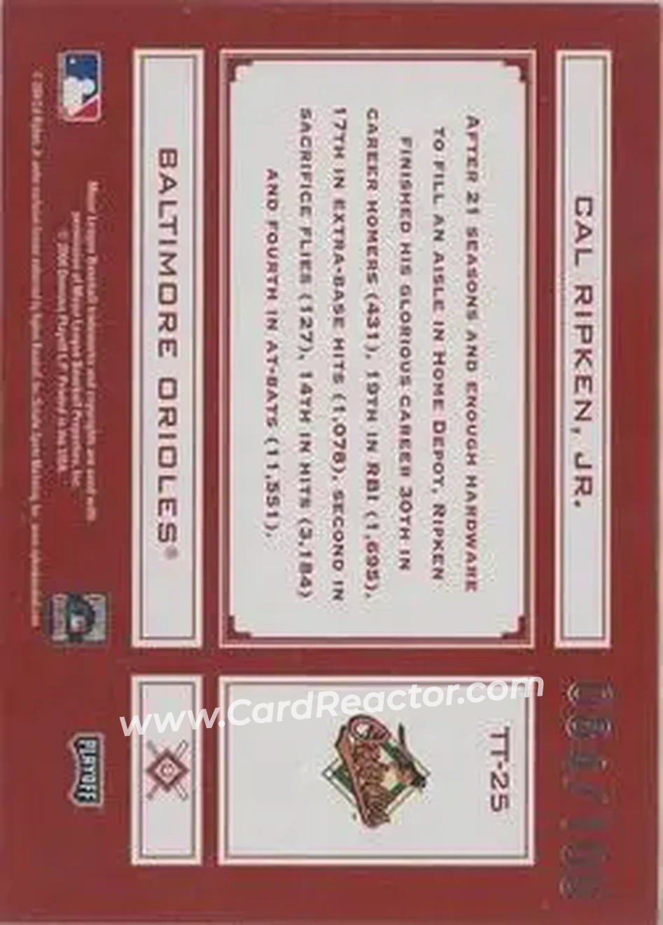 2004 Playoff Absolute Memorabilia - Tools of the Trade Red Spectrum #TT-25 - Cal Ripken - Baltimore Orioles - Back