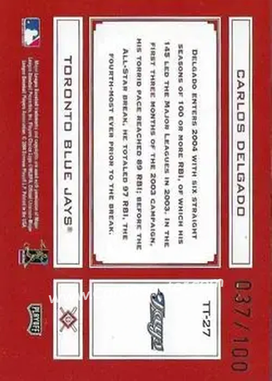 2004 Playoff Absolute Memorabilia - Tools of the Trade Red Spectrum #TT-27 - Carlos Delgado - Toronto Blue Jays - Back