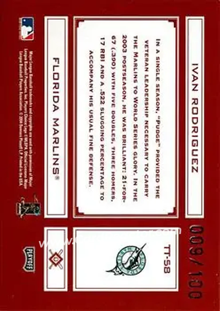 2004 Playoff Absolute Memorabilia - Tools of the Trade Red Spectrum #TT-58 - Ivan Rodriguez - Florida Marlins - Back 2004 Playoff Absolute Memorabilia - Tools of the Trade Red Spectrum #TT-58 - Ivan Rodriguez - Florida Marlins - Back