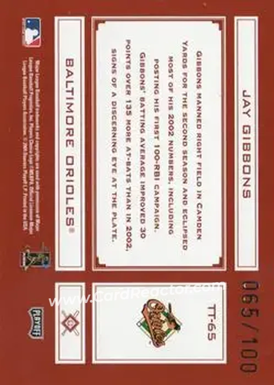 2004 Playoff Absolute Memorabilia - Tools of the Trade Red Spectrum #TT-65 - Jay Gibbons - Baltimore Orioles - Back