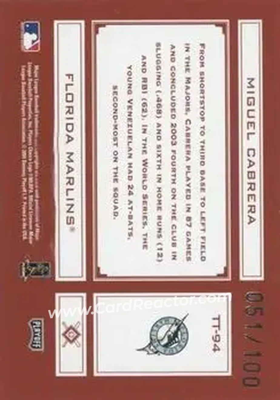 2004 Playoff Absolute Memorabilia - Tools of the Trade Red Spectrum #TT-94 - Miguel Cabrera - Florida Marlins - Back