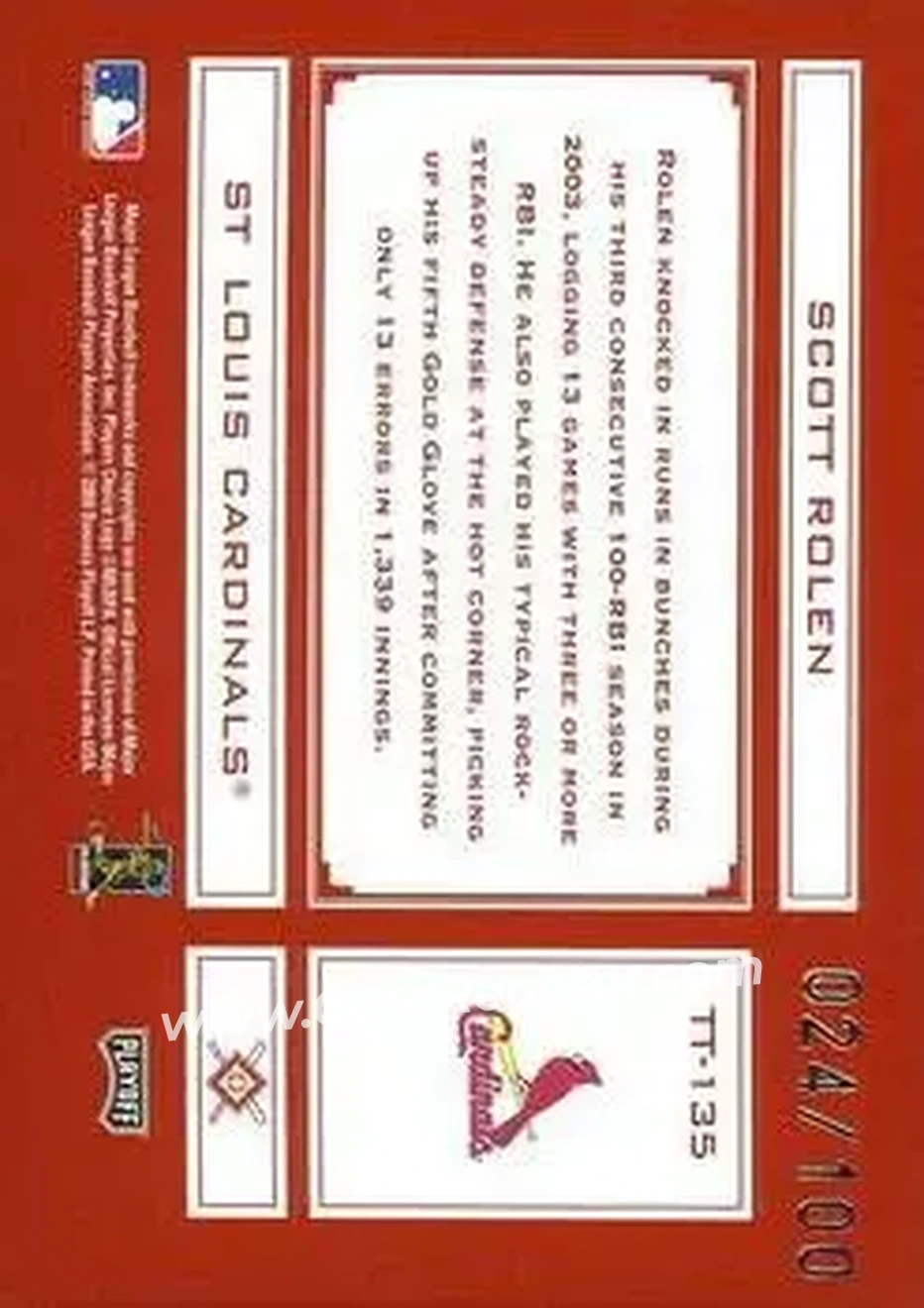 2004 Playoff Absolute Memorabilia - Tools of the Trade Red Spectrum #TT-135 - Scott Rolen - St. Louis Cardinals - Back 2004 Playoff Absolute Memorabilia - Tools of the Trade Red Spectrum #TT-135 - Scott Rolen - St. Louis Cardinals - Back