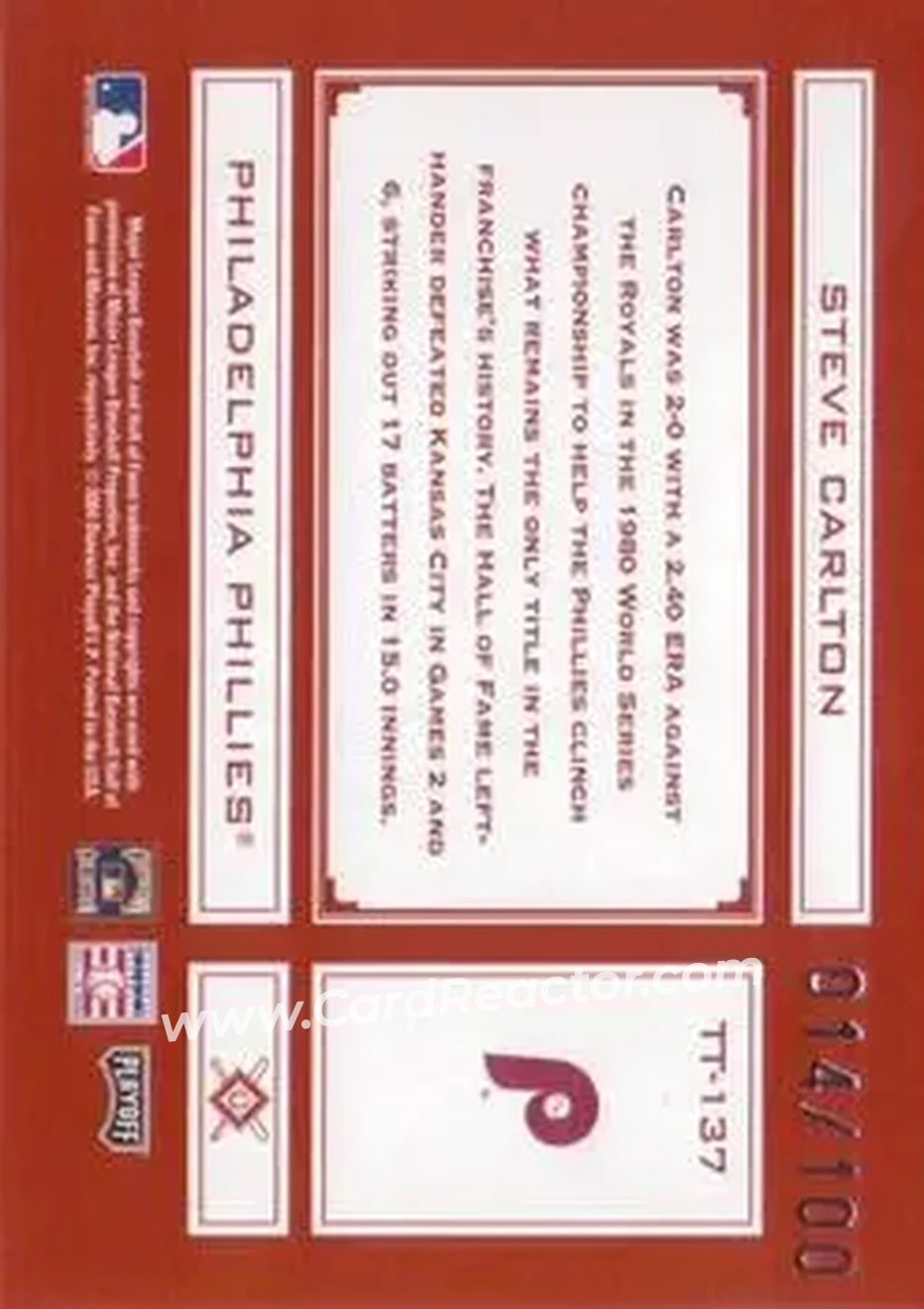 2004 Playoff Absolute Memorabilia - Tools of the Trade Red Spectrum #TT-137 - Steve Carlton - Philadelphia Phillies - Back