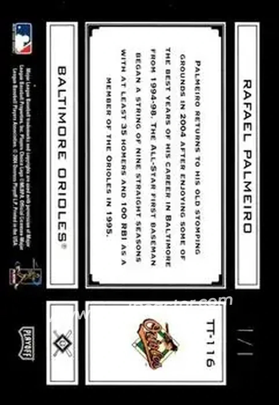 2004 Playoff Absolute Memorabilia - Tools of the Trade Signature Black Spectrum #TT-116 - Rafael Palmeiro - Baltimore Orioles - Back