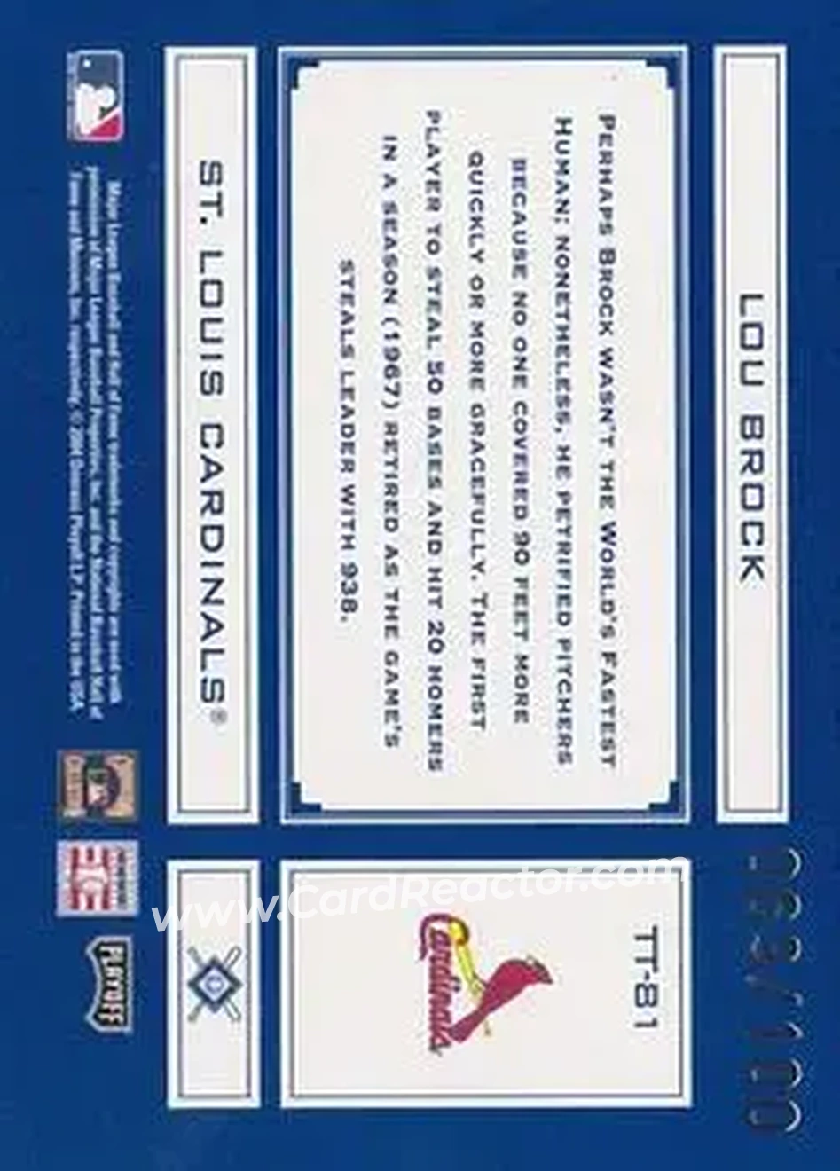 2004 Playoff Absolute Memorabilia - Tools of the Trade Signature Blue Spectrum #TT-81 - Lou Brock - St. Louis Cardinals - Back