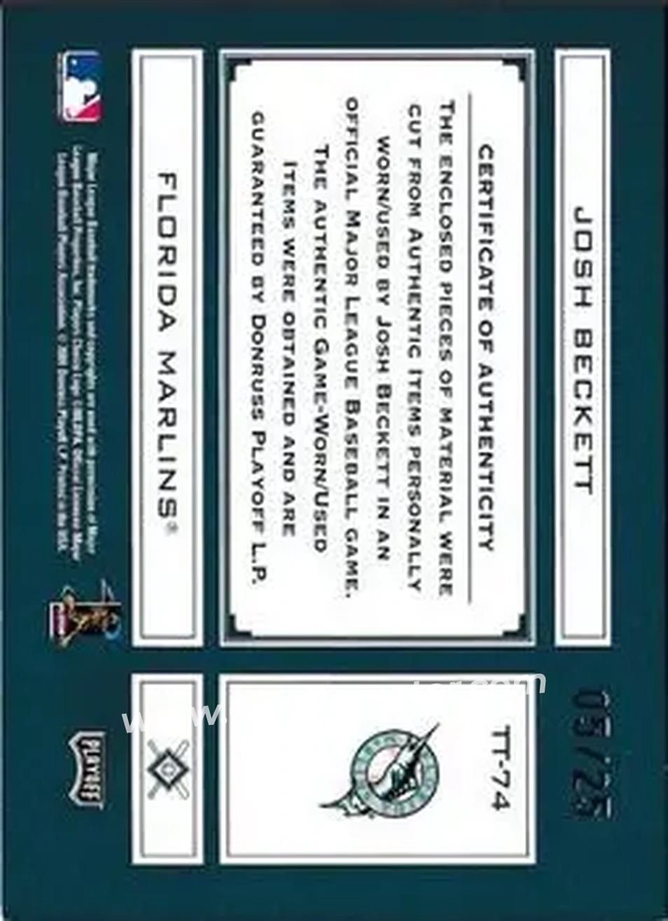 2004 Playoff Absolute Memorabilia - Tools of the Trade Material Six #TT-74 - Josh Beckett - Florida Marlins - Back 2004 Playoff Absolute Memorabilia - Tools of the Trade Material Six #TT-74 - Josh Beckett - Florida Marlins - Back